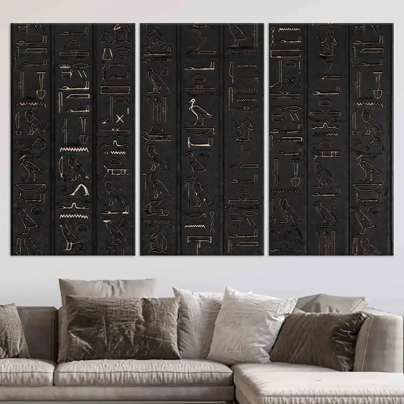Leinwandwandkunst, Hieroglyphen, Hieroglyphenwandkunst, riesige Leinwand, alte ägyptische Wandkunst, schwarzes Dekor, Bürowandkunst, Schlafzimmer Wanddekoration, - 1