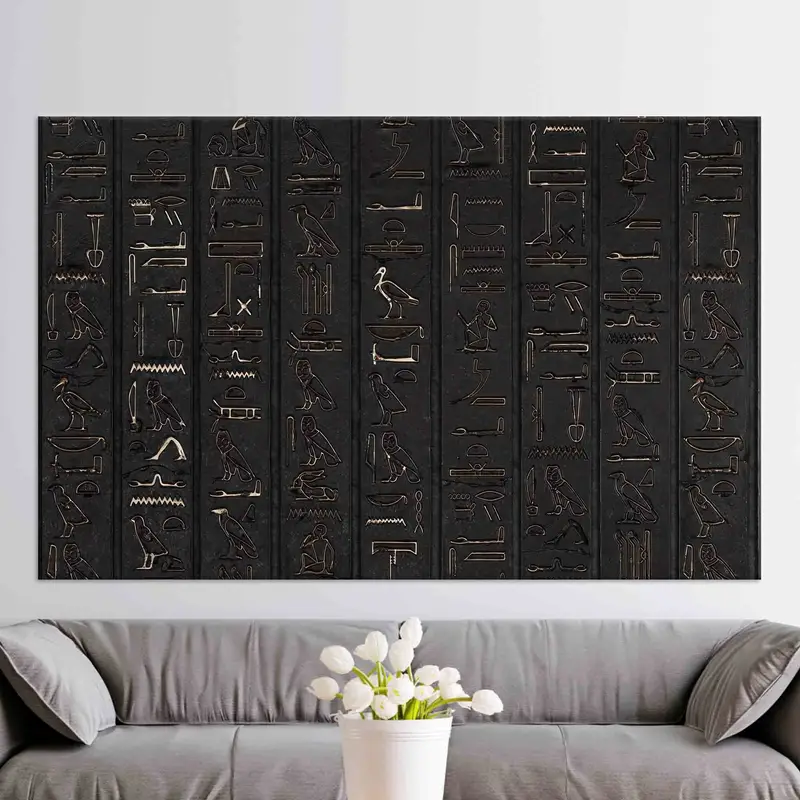 Leinwandwandkunst, Hieroglyphen, Hieroglyphenwandkunst, riesige Leinwand, alte ägyptische Wandkunst, schwarzes Dekor, Bürowandkunst, Schlafzimmer Wanddekoration, - 4