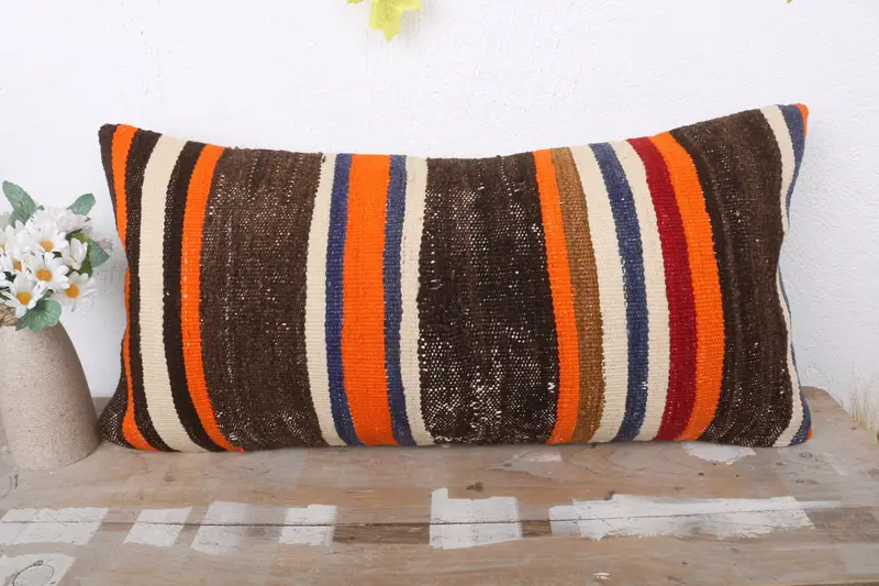 Ottoman Cushion Cover, Gift Pillow, Throw Kilim Pillow, Handmade Throw Pillow, Pillow Case, Boho Pillow Sham Cover, 12x24 Brown Pillow Cover - 2