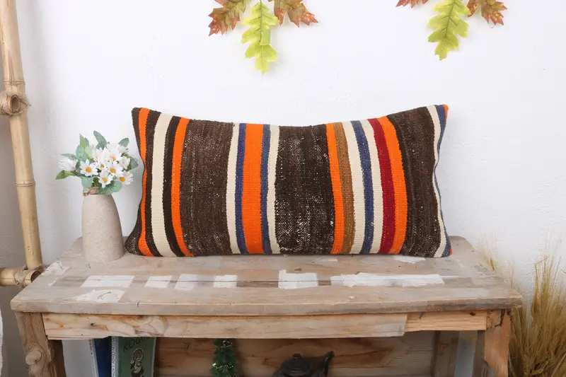 Ottoman Cushion Cover, Gift Pillow, Throw Kilim Pillow, Handmade Throw Pillow, Pillow Case, Boho Pillow Sham Cover, 12x24 Brown Pillow Cover - 1