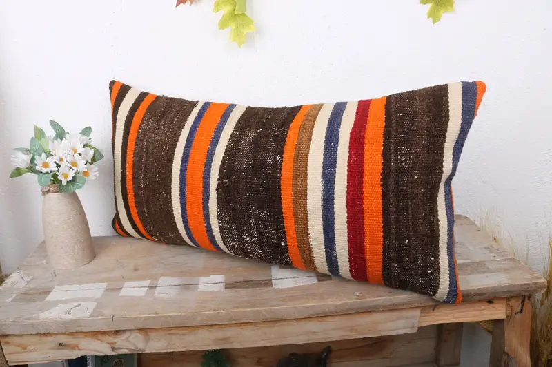 Ottoman Cushion Cover, Gift Pillow, Throw Kilim Pillow, Handmade Throw Pillow, Pillow Case, Boho Pillow Sham Cover, 12x24 Brown Pillow Cover - 4
