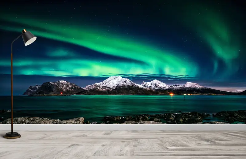 Aurora Gece Gökyüzü Manzarası Baskılı Duvar Kağıdı - Zarif Ev Dekorasyonu