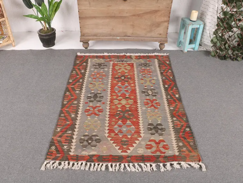 Vibrant Orange & Blue Rug, 3,6x4,7 ft Floral & Paisley