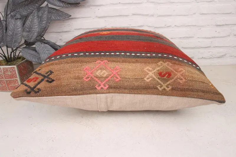Boho Pillow, Turkish Kilim Pillow, Ikat Pillow Sham, Oriental Cushion Cover, 20x20 Red Cushion, Pillow Cover, Kilim Pillow, Sofa Cushion - 5