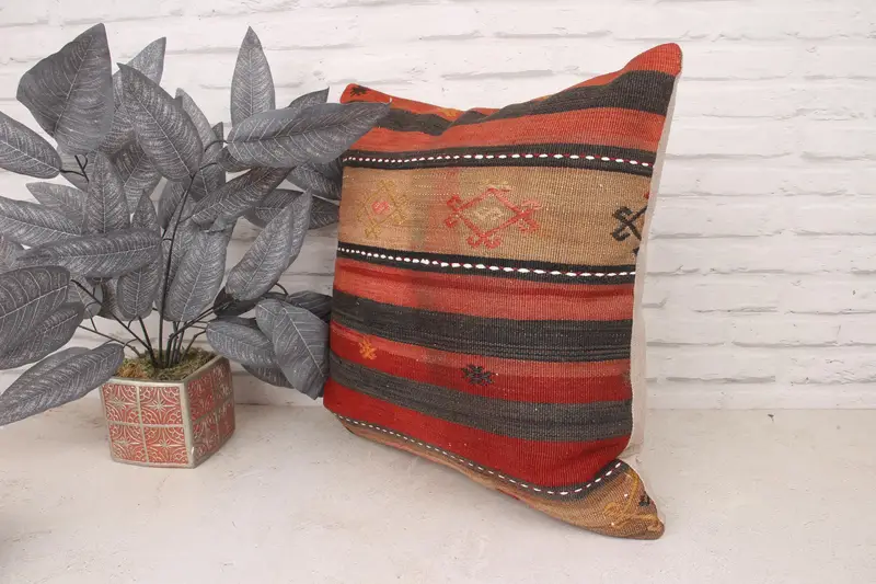 Boho Pillow, Turkish Kilim Pillow, Ikat Pillow Sham, Oriental Cushion Cover, 20x20 Red Cushion, Pillow Cover, Kilim Pillow, Sofa Cushion - 4