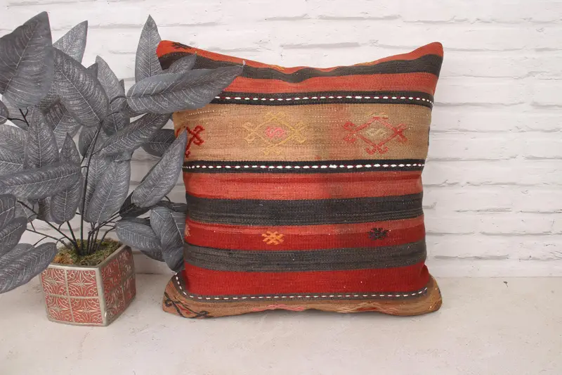 Boho Pillow, Turkish Kilim Pillow, Ikat Pillow Sham, Oriental Cushion Cover, 20x20 Red Cushion, Pillow Cover, Kilim Pillow, Sofa Cushion - 1