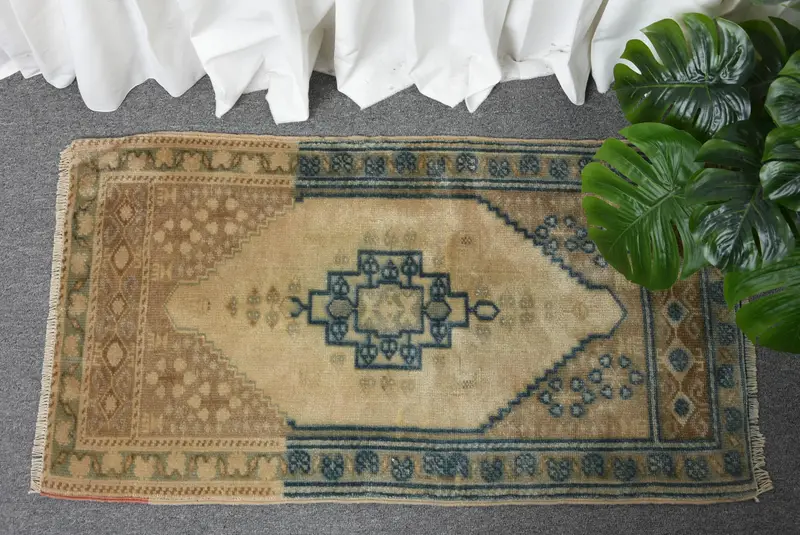 Turkish Oushak Small Rug 1.7x3 ft (51x91 cm), Vintage Brown Floral Rug - 1