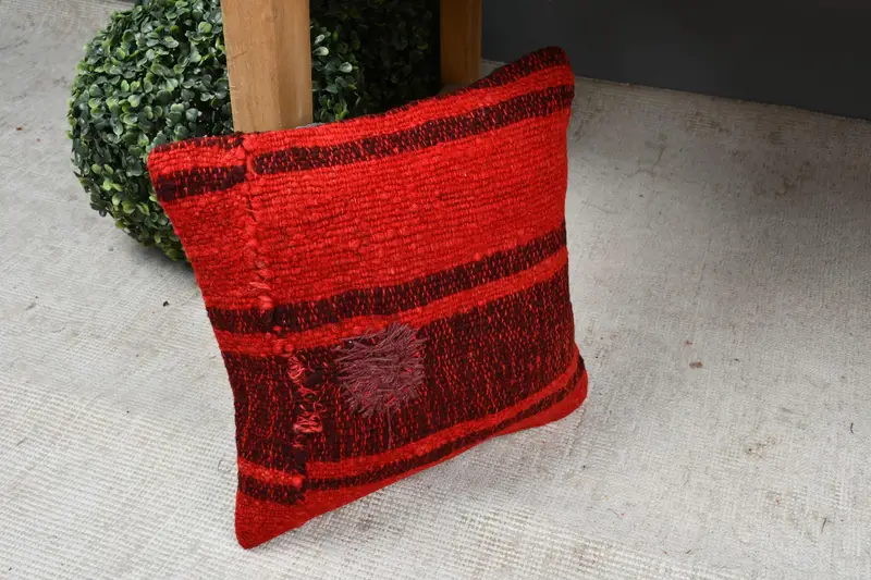 12x12 Red Cushion Cover, Gift Pillow, Kilim Rug Cushion, Pillow Cover, Handmade Kilim Cushion, Boho Throw Cushion Case, Vintage Kilim Throw Pillow - 7