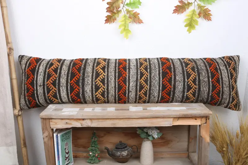 Turkish Kilim Pillow, 12x48 Orange Pillow Sham, Pillow Case, Handmade Kilim Cushion, Decorative Pillow Cover, Antique Pillows, Sofa Bolster Pillow - 2
