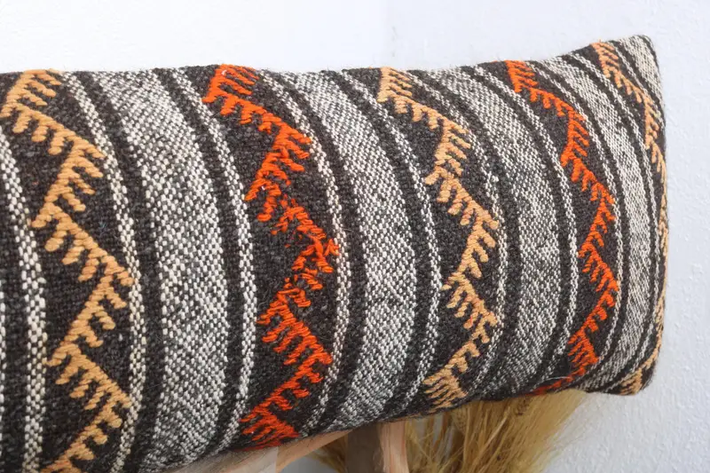 Turkish Kilim Pillow, 12x48 Orange Pillow Sham, Pillow Case, Handmade Kilim Cushion, Decorative Pillow Cover, Antique Pillows, Sofa Bolster Pillow - 5