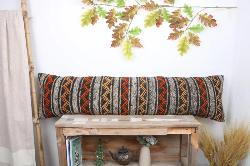 Turkish Kilim Pillow, 12x48 Orange Pillow Sham, Pillow Case, Handmade Kilim Cushion, Decorative Pillow Cover, Antique Pillows, Sofa Bolster Pillow - 1