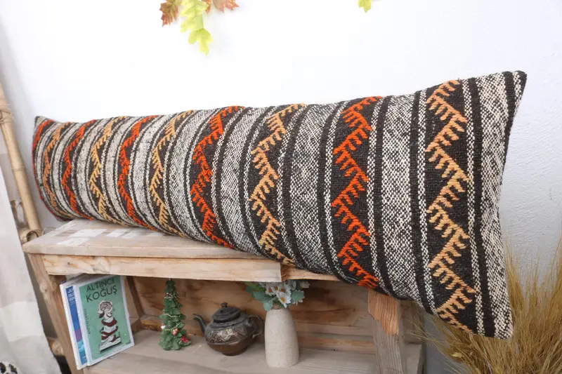 Turkish Kilim Pillow, 12x48 Orange Pillow Sham, Pillow Case, Handmade Kilim Cushion, Decorative Pillow Cover, Antique Pillows, Sofa Bolster Pillow - 4