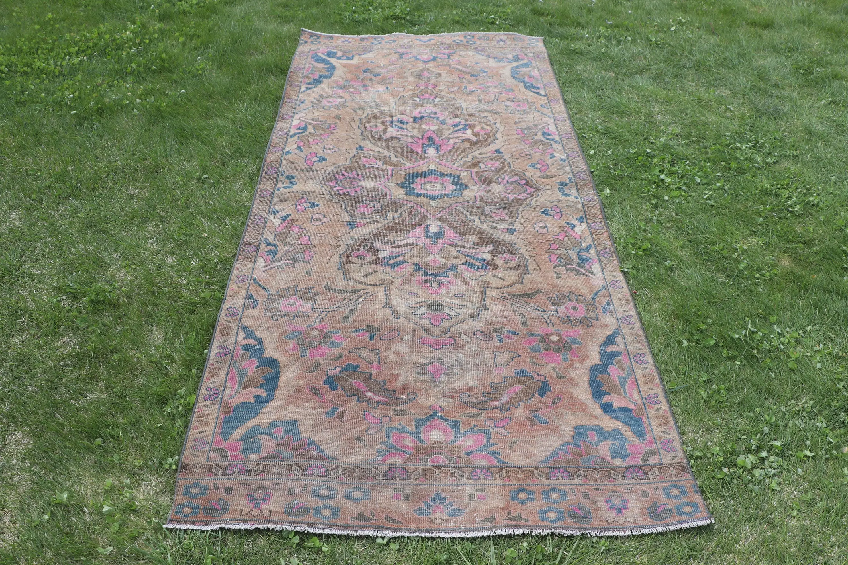 Vintage Area Rug 3.6x7.8 ft (110x239 cm), Turkish Blue Animal Print Rug - 1