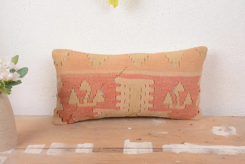 Geometric Beige & Orange Embroidered Pillow, Versatile 8x16 Throw Pillow