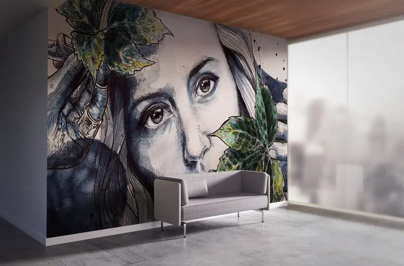 Contemporary Wall Paper,Custom Wall Paper,Modern Wall Paper,Bright Wall Paper,Woman Face Wall Art,Woman And Leaves Wallpaper, - 2
