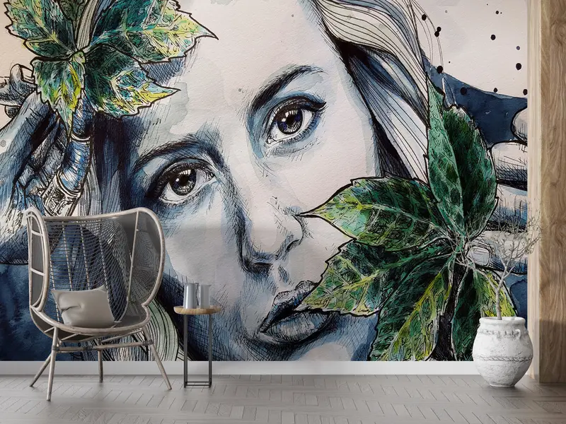 Contemporary Wall Paper,Custom Wall Paper,Modern Wall Paper,Bright Wall Paper,Woman Face Wall Art,Woman And Leaves Wallpaper, - 6