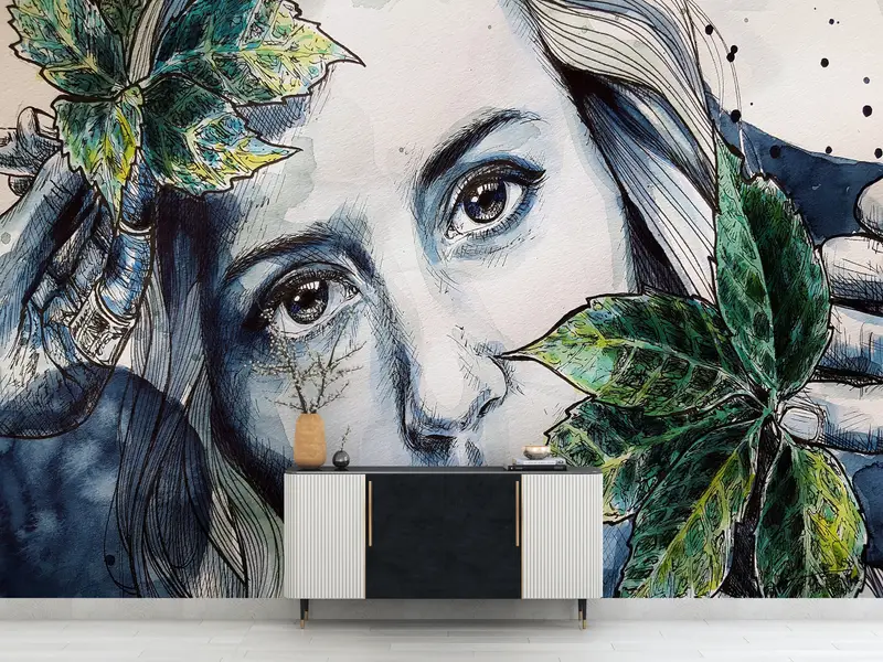 Contemporary Wall Paper,Custom Wall Paper,Modern Wall Paper,Bright Wall Paper,Woman Face Wall Art,Woman And Leaves Wallpaper, - 5