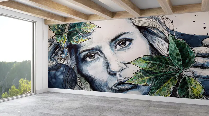 Contemporary Wall Paper,Custom Wall Paper,Modern Wall Paper,Bright Wall Paper,Woman Face Wall Art,Woman And Leaves Wallpaper, - 7