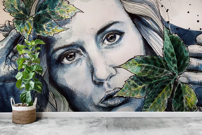 Contemporary Wall Paper,Custom Wall Paper,Modern Wall Paper,Bright Wall Paper,Woman Face Wall Art,Woman And Leaves Wallpaper, - 4