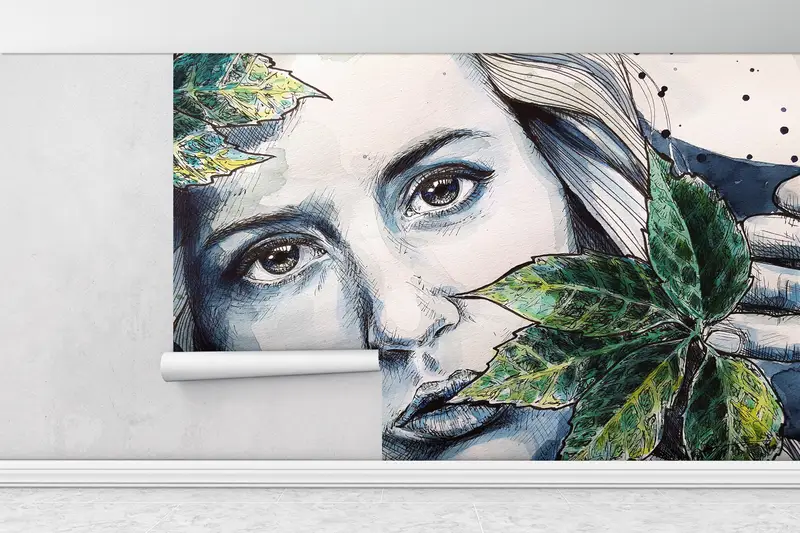 Contemporary Wall Paper,Custom Wall Paper,Modern Wall Paper,Bright Wall Paper,Woman Face Wall Art,Woman And Leaves Wallpaper, - 1