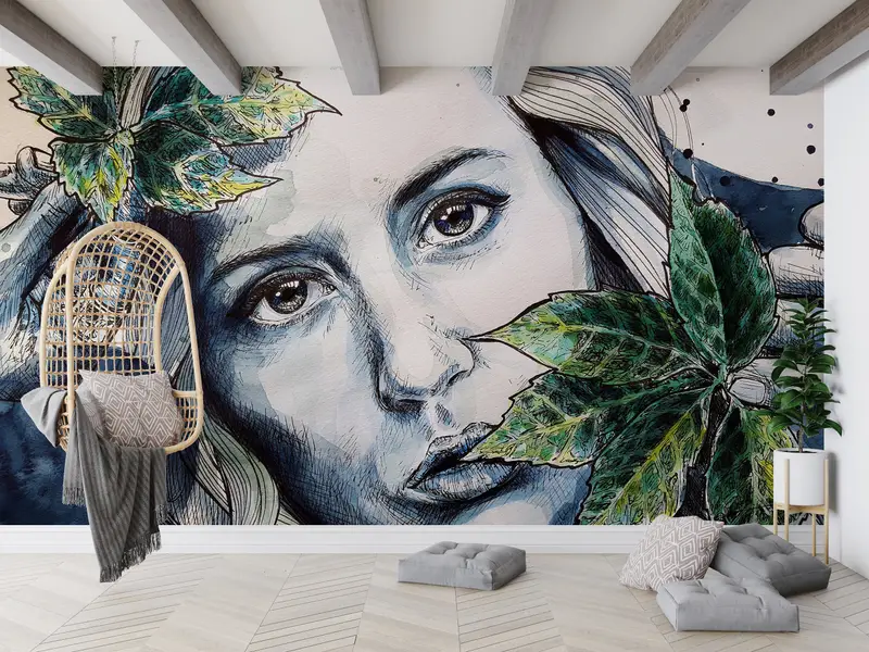 Contemporary Wall Paper,Custom Wall Paper,Modern Wall Paper,Bright Wall Paper,Woman Face Wall Art,Woman And Leaves Wallpaper, - 3