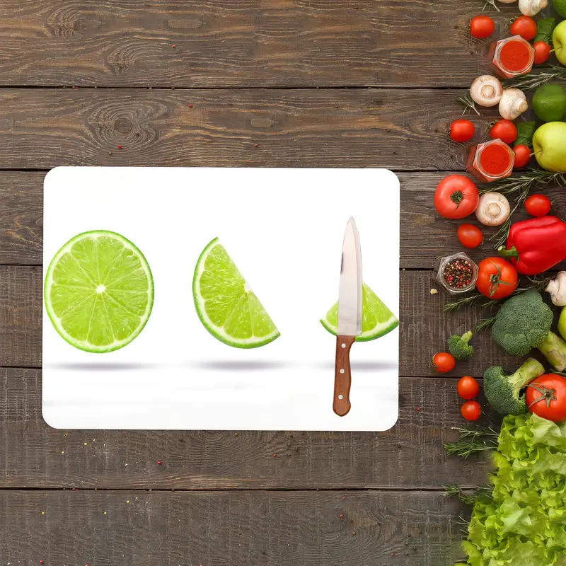 Lime Pattern Glass Cutting Board with Green Lemons Design