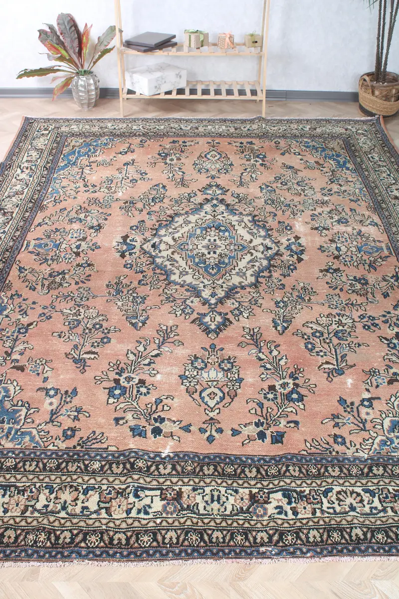8,4x11,5 ft Teppich, türkischer Vintage Oversize Teppich, blauer Oushak Wollteppich - 1