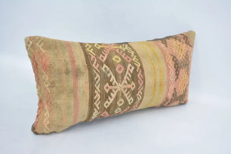 Tribal Cushion Cover, Antique Pillows, Handmade Kilim Cushion, Kilim Pillow Cover, 12x24 Brown Pillow, Cushion, Crochet Pattern Pillow Cover - 3