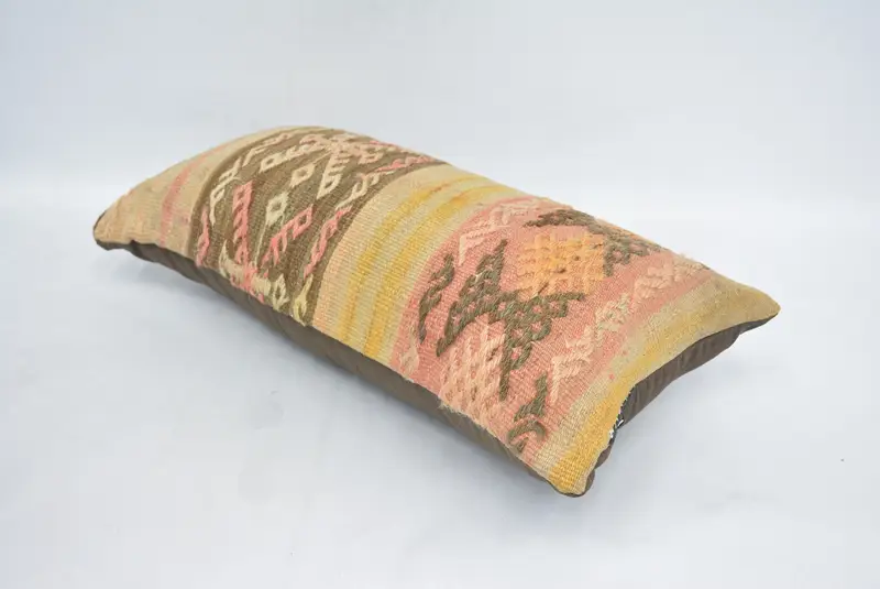 Tribal Cushion Cover, Antique Pillows, Handmade Kilim Cushion, Kilim Pillow Cover, 12x24 Brown Pillow, Cushion, Crochet Pattern Pillow Cover - 6