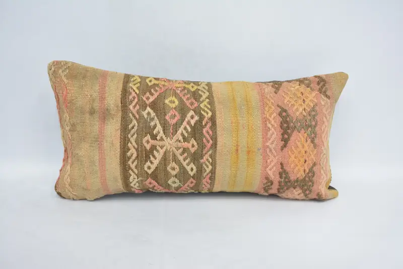 Tribal Cushion Cover, Antique Pillows, Handmade Kilim Cushion, Kilim Pillow Cover, 12x24 Brown Pillow, Cushion, Crochet Pattern Pillow Cover - 1