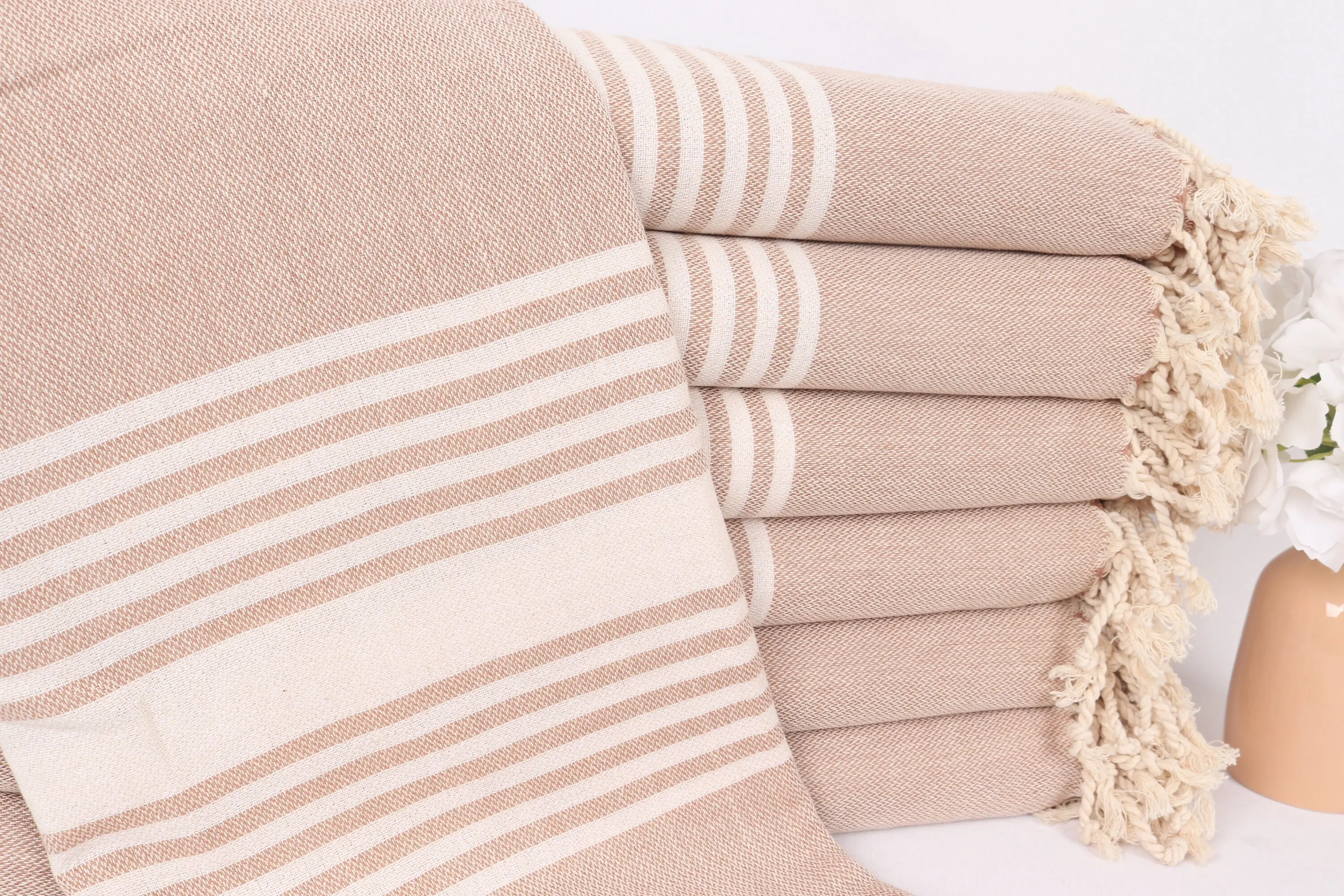 Striped Towel Brown Cotton Handmade Bath Towel, 40x67 Inches - 1