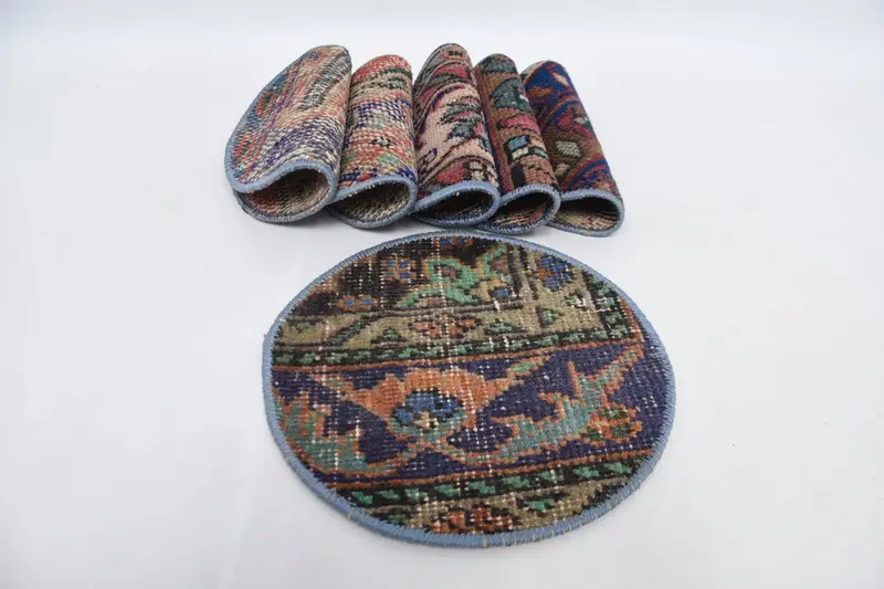 Böhmische Kreis-Tischsets, blaue und beige Baumwolle, Wolldekor