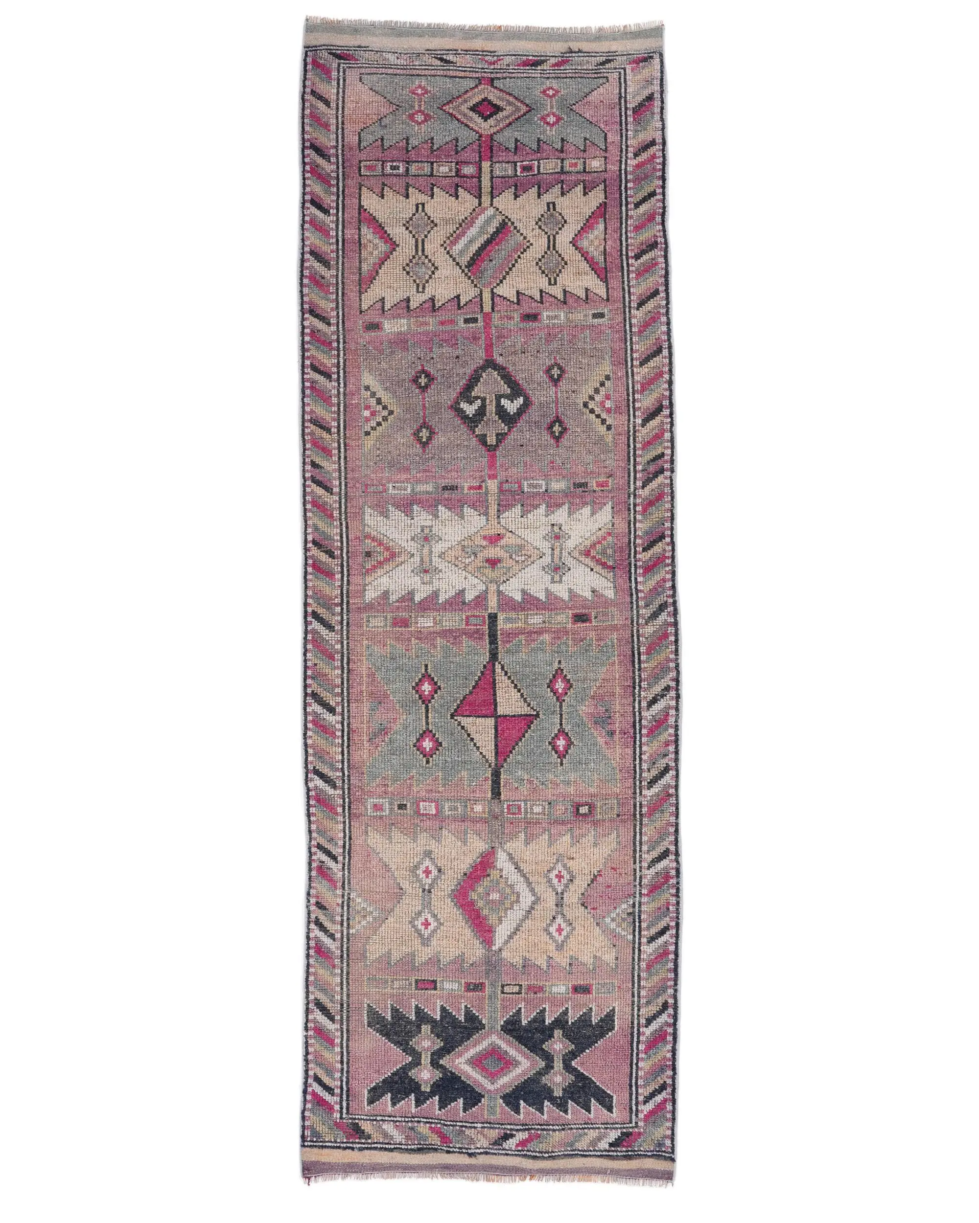 Vintage türkischer Läuferteppich 3,4x10,4 Fuß, rotgrauer Wollteppich mit Pflanzen und Bäumen - 1