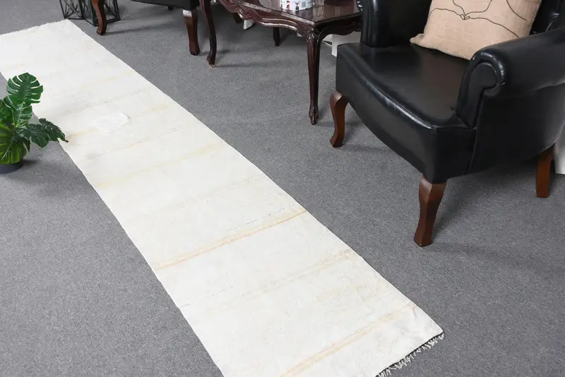 1.9x10.4 ft Turkish Runner Rug, Vintage White Solid Rug - 1