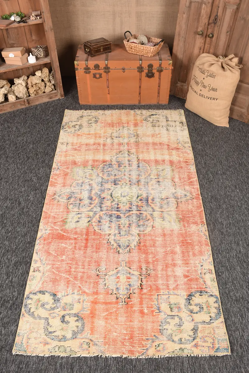 Türk Vintage Halı, 4x8.1 ft Accent Halı, Turuncu Mavi Geometrik Halı - 1