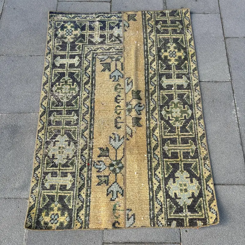 Turkish Vintage Oushak Small Rug 2.5x3.6 ft, Green Striped Rug Wool - 1