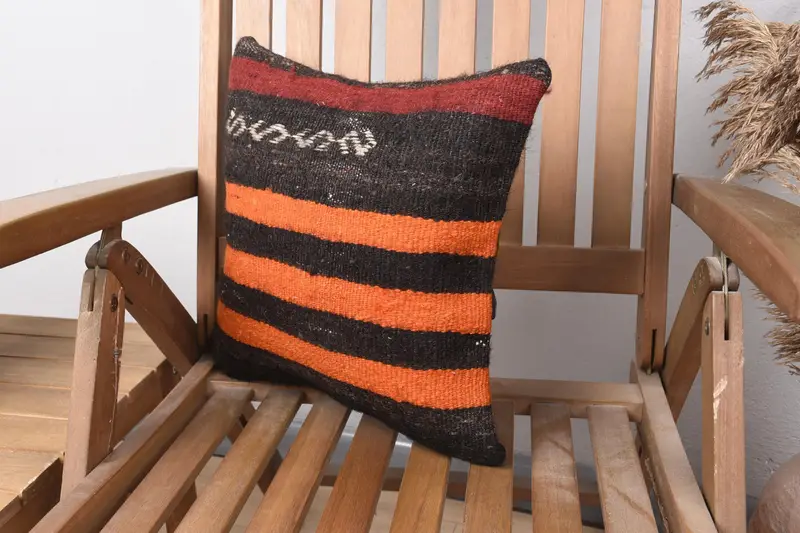 Ethnic Pillow Case, Vintage Pillow, Ethnical Kilim Rug Pillow, 14x14 Orange Cushion Cover, Pet Cushion, Pillow, Interior Designer Pillow - 3