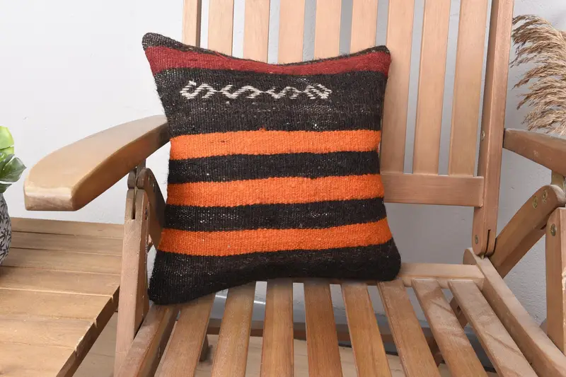 Ethnic Pillow Case, Vintage Pillow, Ethnical Kilim Rug Pillow, 14x14 Orange Cushion Cover, Pet Cushion, Pillow, Interior Designer Pillow - 1