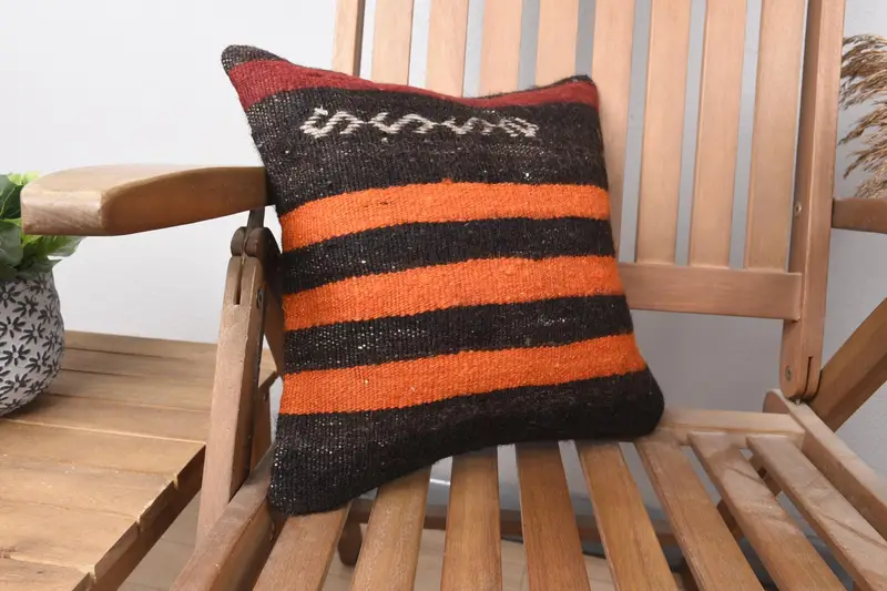 Ethnic Pillow Case, Vintage Pillow, Ethnical Kilim Rug Pillow, 14x14 Orange Cushion Cover, Pet Cushion, Pillow, Interior Designer Pillow - 2
