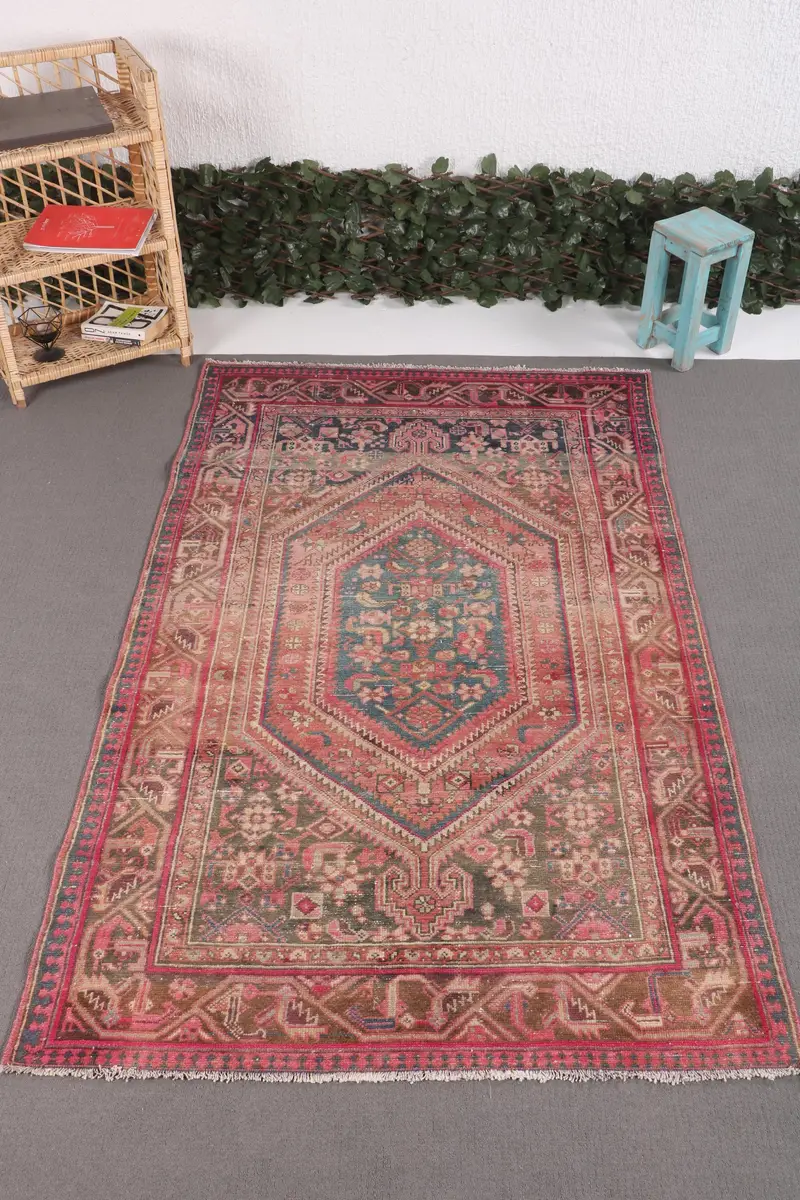 Vintage Rug, Oversize 4.3x6.7 ft Turkish Rug, Pink Polka dot Wool Rug - 1