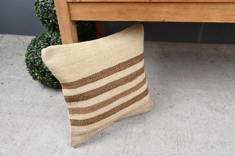 Cushion Cover, Handmade Kilim Cushion, Interior Designer Pillow, 14x14 Beige Pillow Case, Outdoor Patio Pillow Cover, Vintage Kilim Throw Pillow - 7