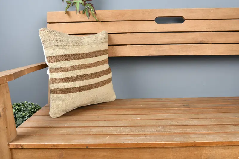 Cushion Cover, Handmade Kilim Cushion, Interior Designer Pillow, 14x14 Beige Pillow Case, Outdoor Patio Pillow Cover, Vintage Kilim Throw Pillow - 1