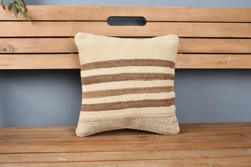 Cushion Cover, Handmade Kilim Cushion, Interior Designer Pillow, 14x14 Beige Pillow Case, Outdoor Patio Pillow Cover, Vintage Kilim Throw Pillow - 6