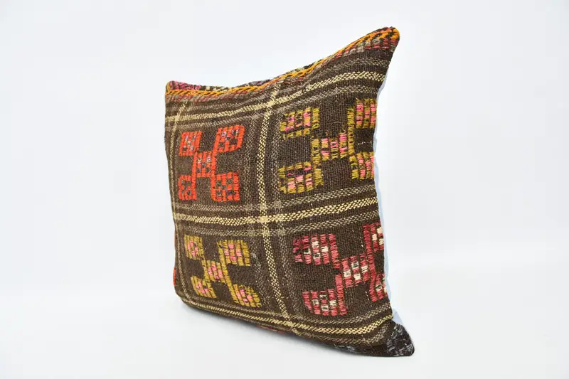 Throw Kilim Pillow, Ikat Pillow Sham, Pillow Sham, Interior Designer Pillow, Vintage Kilim Throw Pillow, 20x20 Brown Cushion Cover - 4