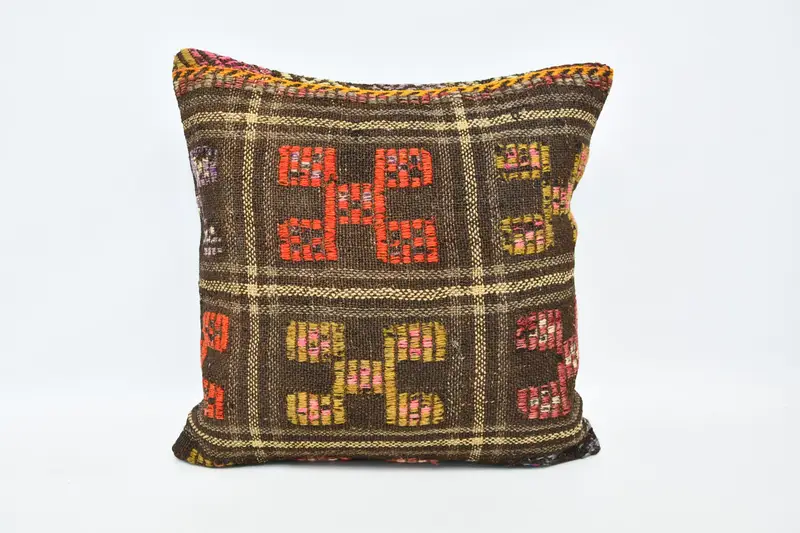 Throw Kilim Pillow, Ikat Pillow Sham, Pillow Sham, Interior Designer Pillow, Vintage Kilim Throw Pillow, 20x20 Brown Cushion Cover - 1