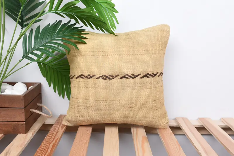 Aesthetic Pillow Case, Pillow Cover, Handmade Kilim Cushion, Natural Pillow, Gift Pillow, Vintage Pillow, 14x14 Beige Pillow Cover - 1
