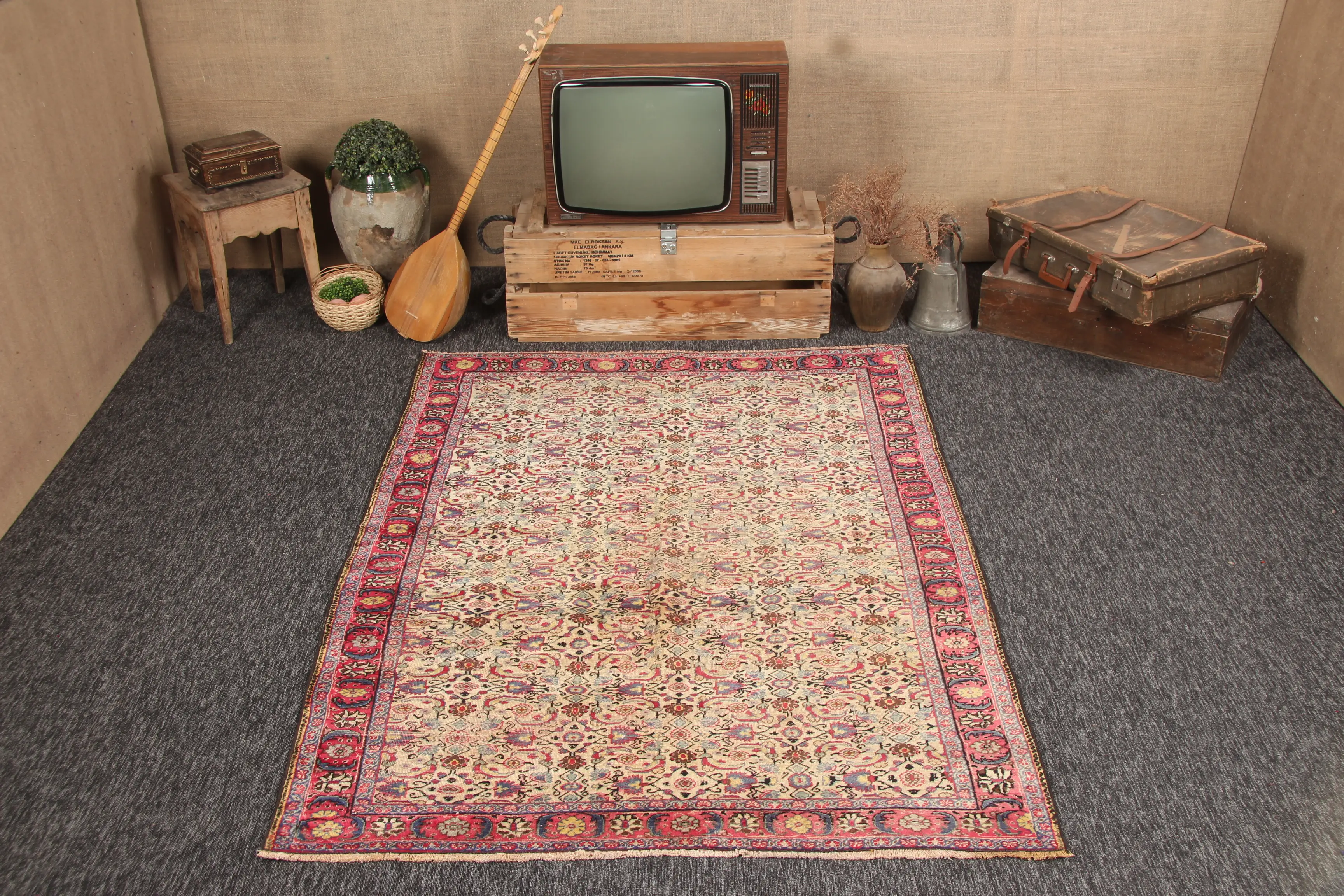 Türkischer Akzentteppich, 4,8x6,7 ft Vintage Teppich, rosa Blumenteppich - 1