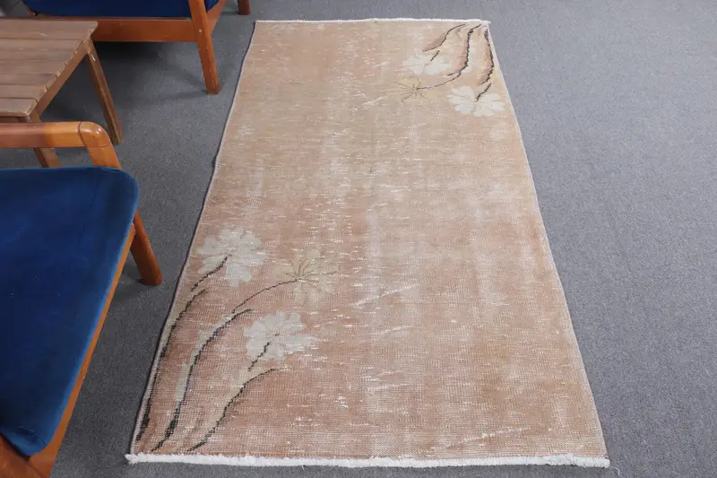 3.2x6.4 ft Halı, Vintage Türk Halısı, Kahverengi Çiçekli Yün Halı - 1