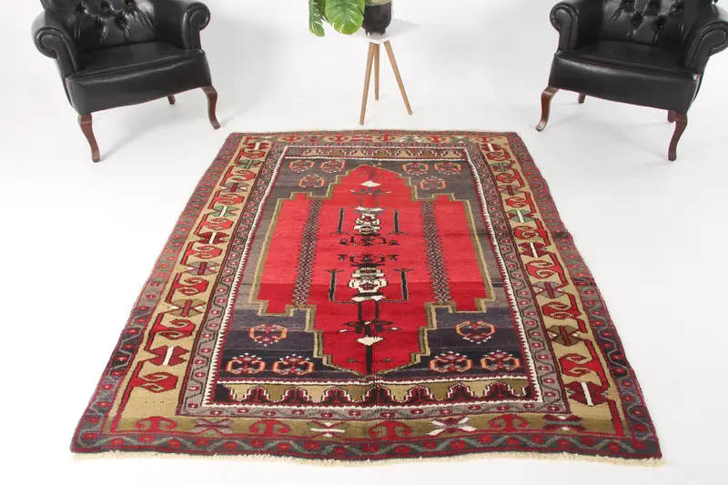 5.2x6.7 ft Rug, Turkish Oushak Rug, Vintage Red Wool Patchwork Rug - 1