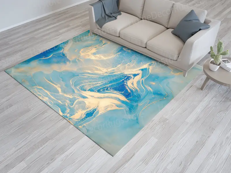Bedruckter Teppich mit schimmerndem Marmor: Luxusdesign in Gold und Blau